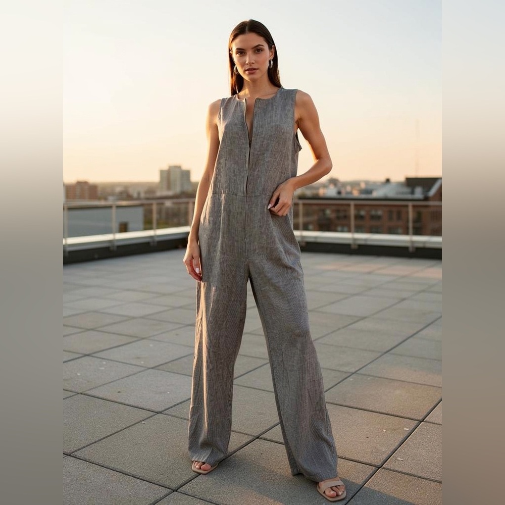 Eileen Fisher Sleeveless Linen Blend Jumpsuit Gray Wide Leg Sustainable Size M - Picture 2 of 12